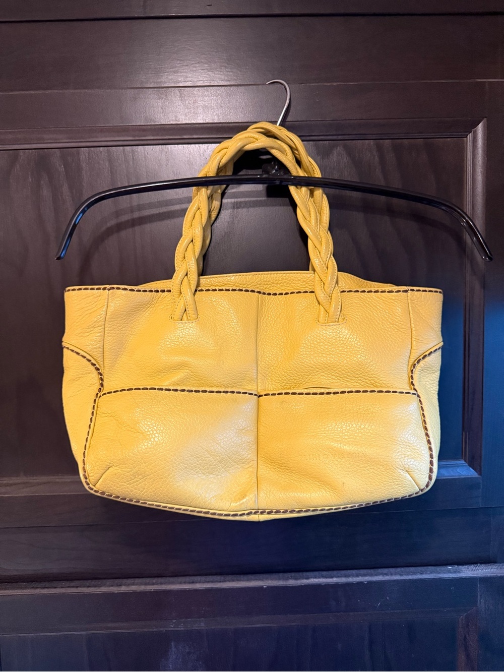 Plinio Visona Italy Yellow Pebbled Leather Braided Handle Tote Shoulder Bag